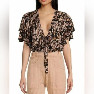 Free People Flutter Sleeve Paisley Floral Bodysuit Top Large